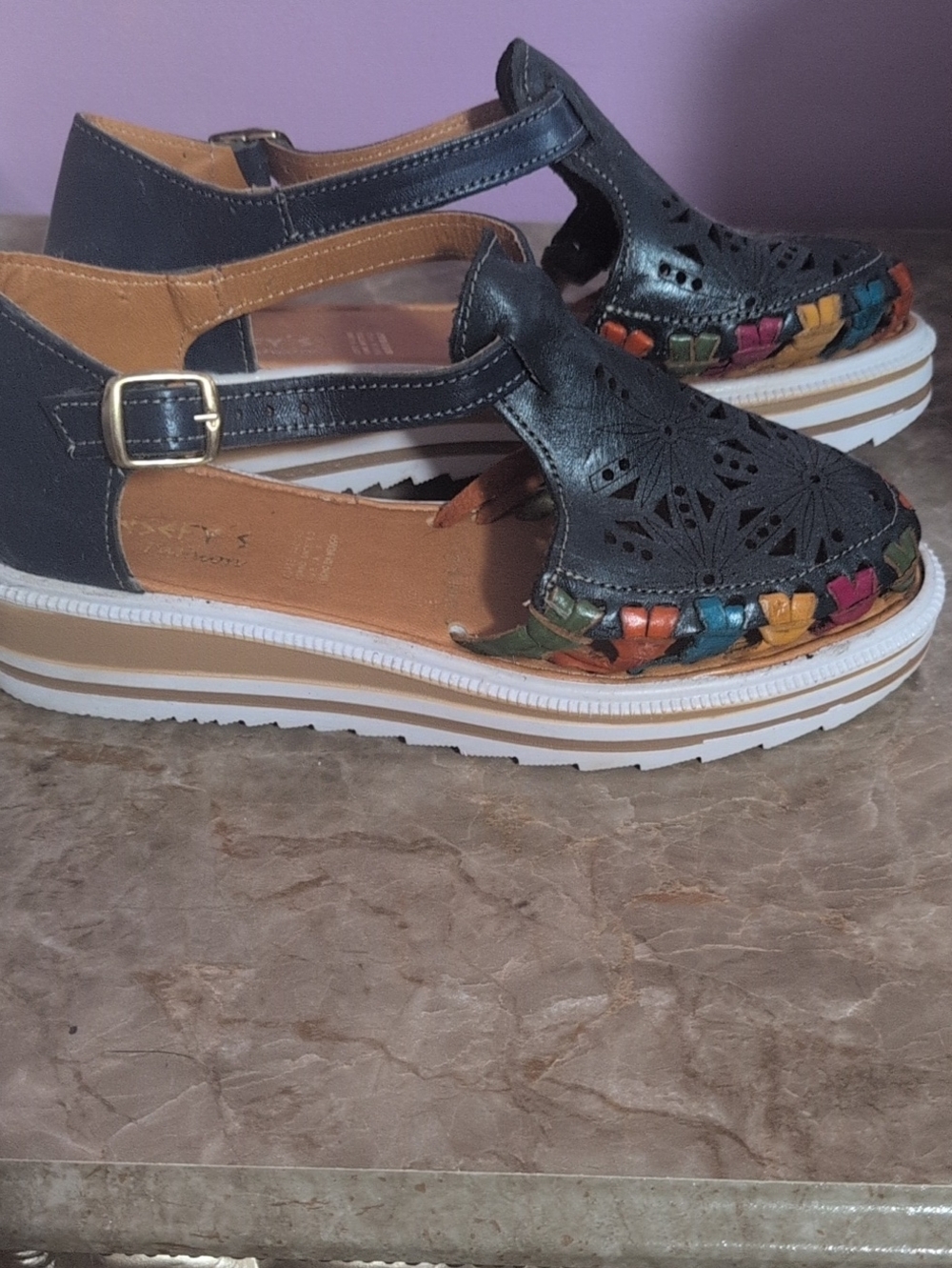 Women's Navy Blue Leather Cutout Platform Sandals with Multicolor Trim